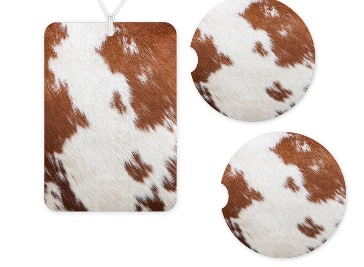 Red Cowhide car freshie (leather scented) + coaster set